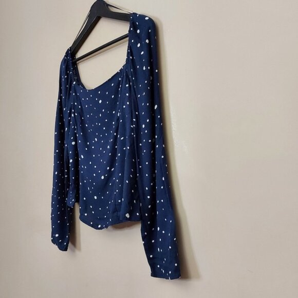 Elodie off the shoulder blue multi sized dot top with back ruching and a frill - Picture 3 of 8